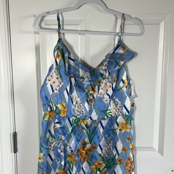 NWT KENSIE Womens Blue Ruffled Printed Spaghetti Strap V Neck Tea-Length 14 - Picture 3 of 10